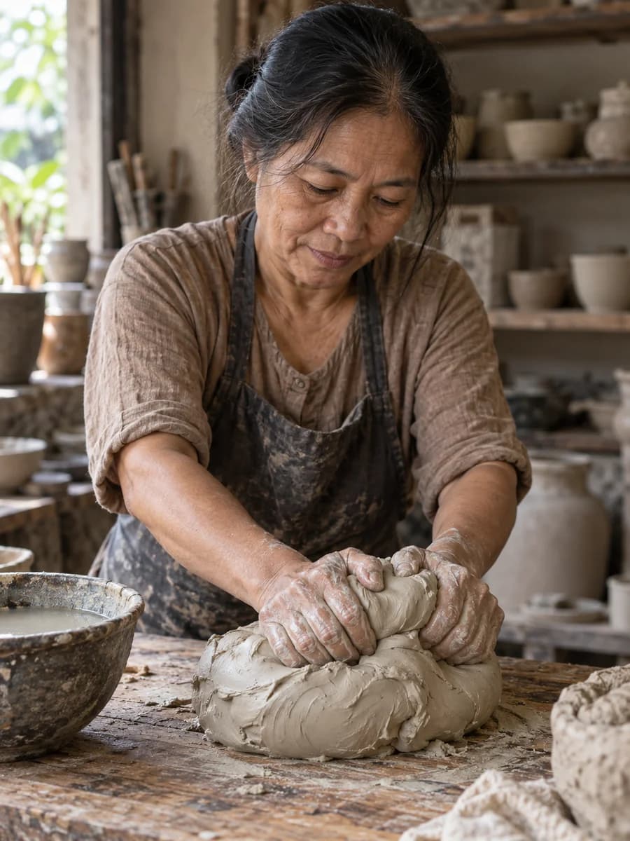Đôi tay nghệ nhân luyện đất sét trên bàn gỗ