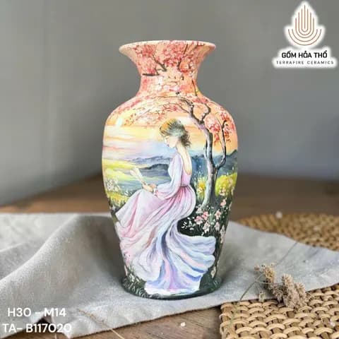 Bình hoa gốm vẽ thiếu nữ đọc sách