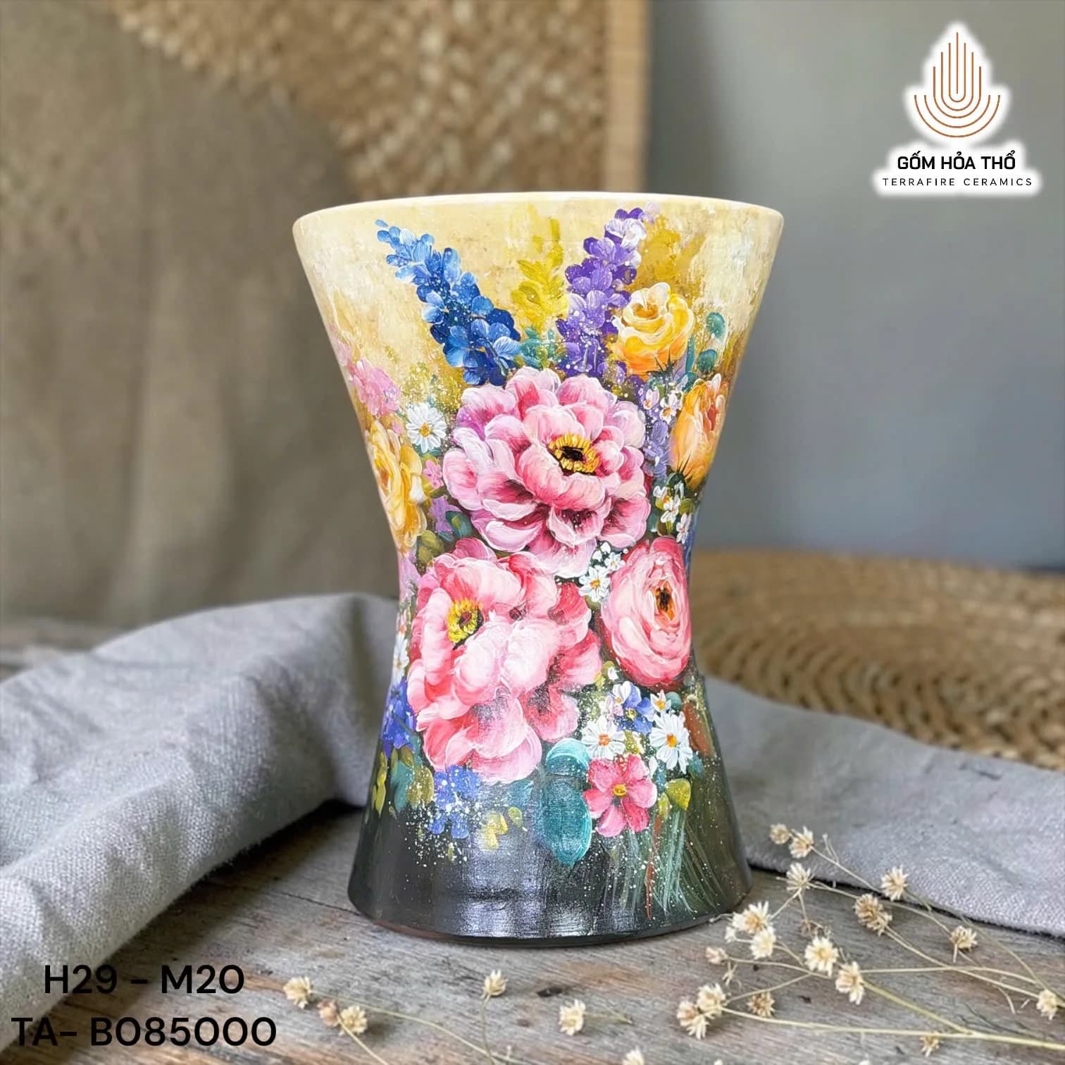 Bình hoa gốm eo thắt vẽ ngàn hoa