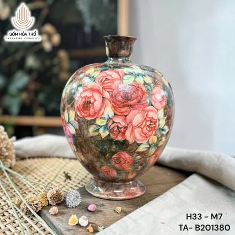 Bình hoa gốm vẽ hoa hồng cổ điển