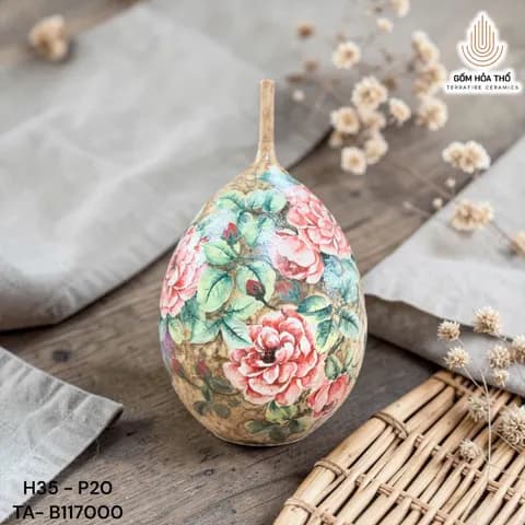Bình gốm dáng giọt nước vẽ hoa hồng