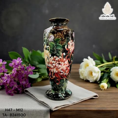 Bình hoa gốm vẽ hoa cúc đại đóa