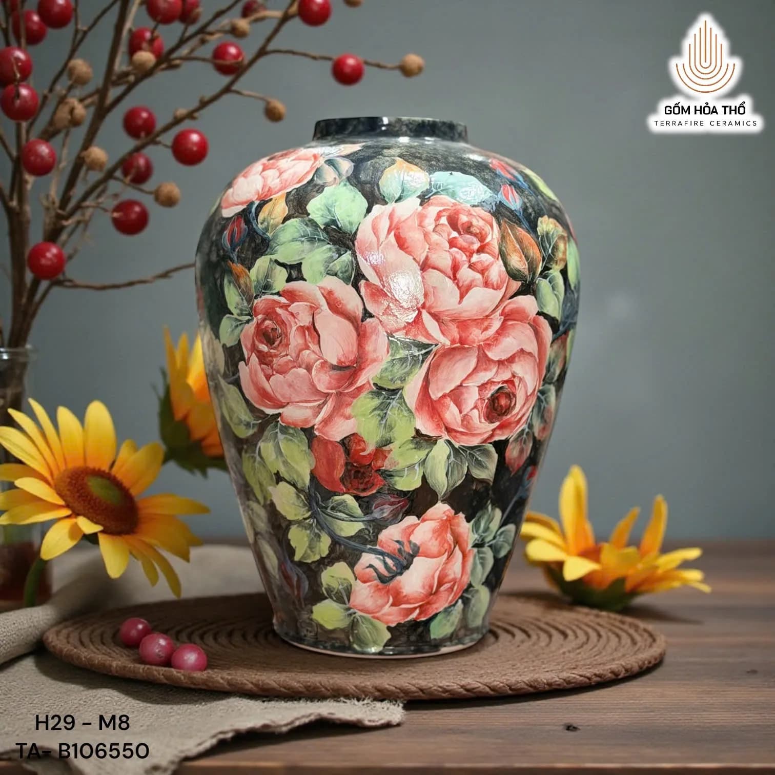 Bình hoa gốm vẽ hoa hồng đỏ