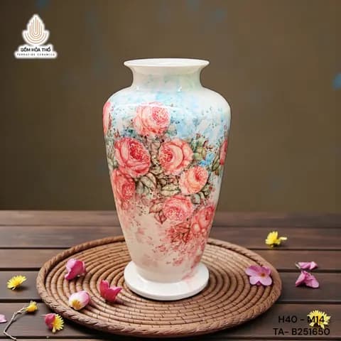 Bình hoa gốm họa tiết hoa hồng cổ