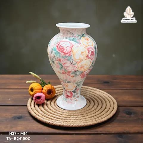 Bình hoa gốm vẽ hoa hồng cổ