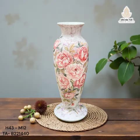 Bình hoa gốm vẽ hoa mẫu đơn hồng