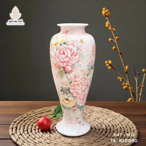 Bình hoa gốm vẽ hoa mẫu đơn dáng cao