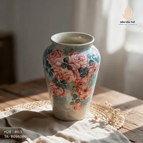 Bình hoa gốm họa tiết hoa hồng cổ