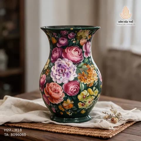 Bình hoa gốm vẽ vườn hoa rực rỡ