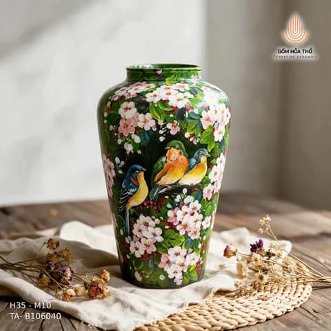 Bình hoa gốm vẽ chim hoa mùa xuân