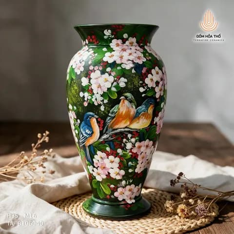 Bình hoa gốm vẽ hoa điểu nền xanh