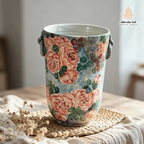 Bình cắm hoa hai tai vẽ hoa hồng cổ