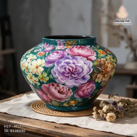 Bình hoa dáng chum vẽ hoa rực rỡ