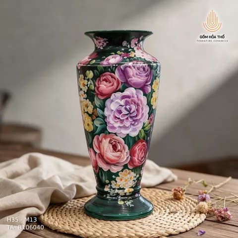 Bình hoa gốm vẽ hoa hồng cổ điển