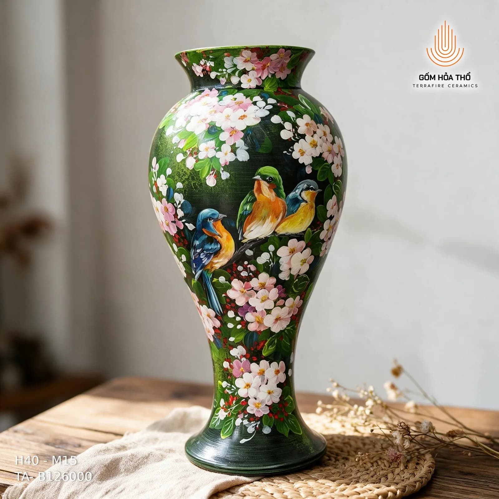 Bình hoa gốm họa tiết chim hoa sum vầy