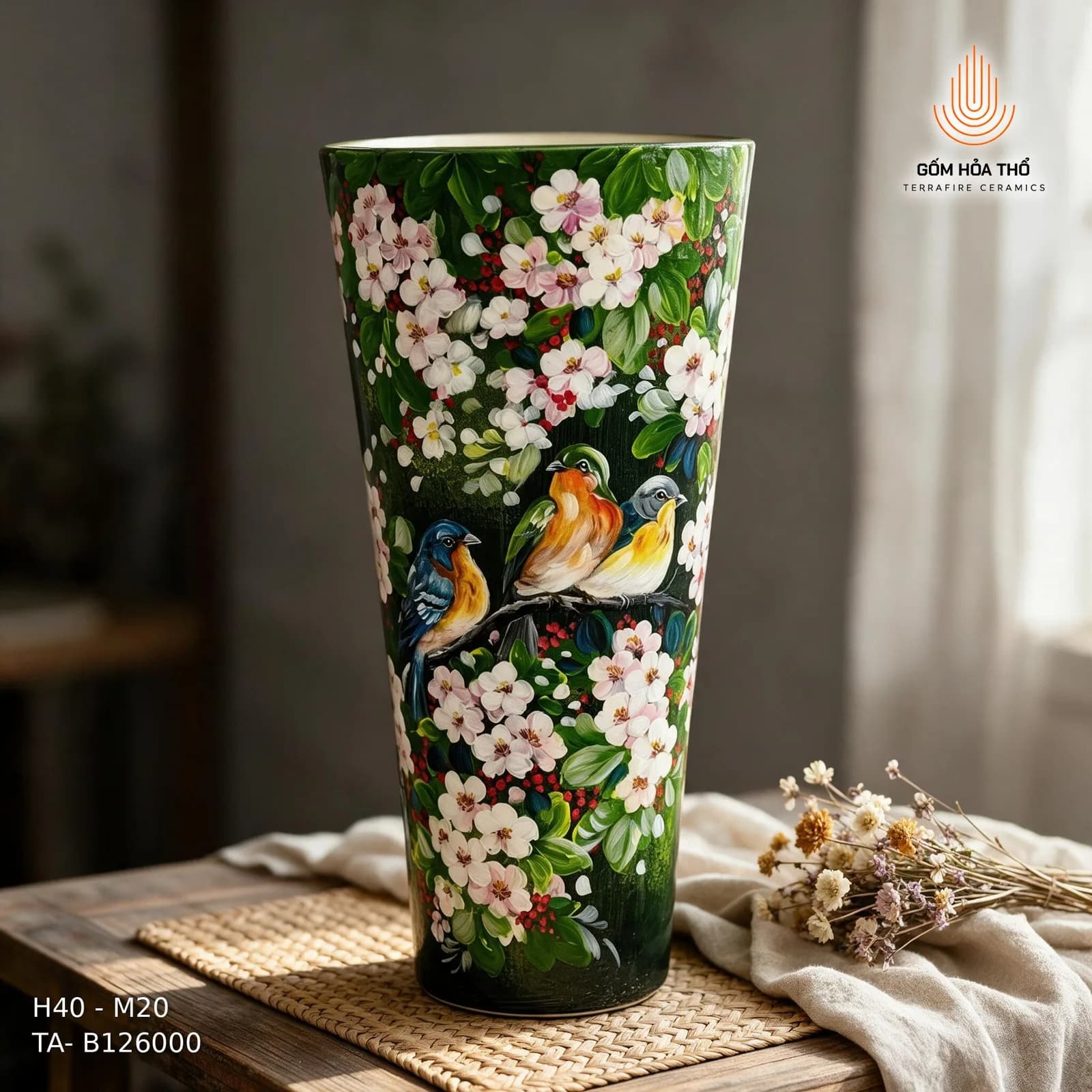 Bình hoa dáng loe vẽ chim hoa nghệ thuật