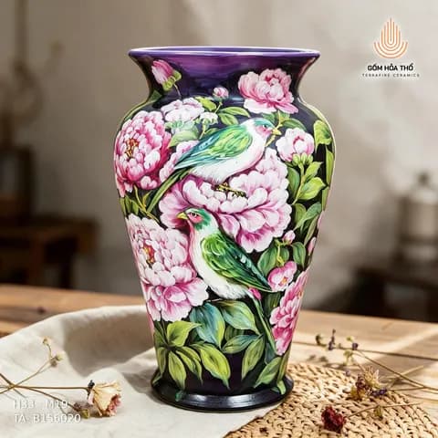 Bình hoa họa tiết chim hoa mẫu đơn