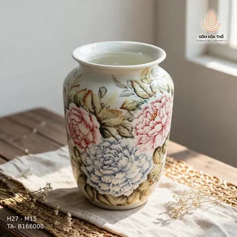 Bình hoa gốm vẽ hoa mẫu đơn