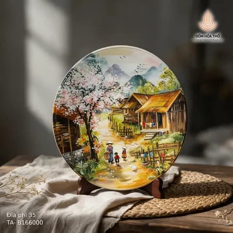 Đĩa trang trí vẽ phong cảnh bản làng