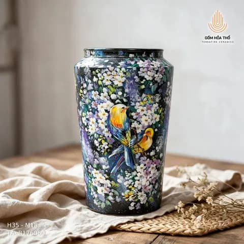 Bình hoa dáng trụ vẽ đôi chim hoa đêm