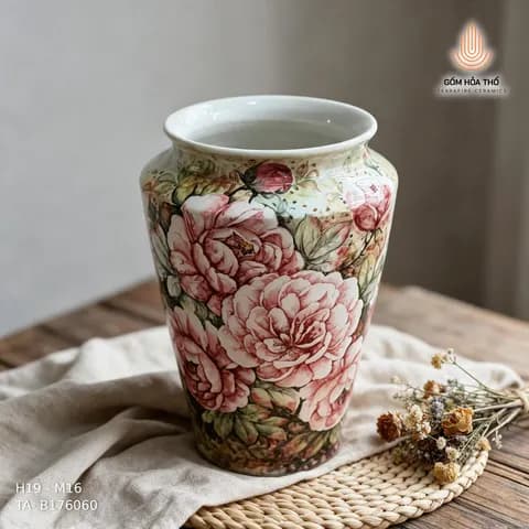 Bình hoa gốm họa tiết hoa hồng cổ