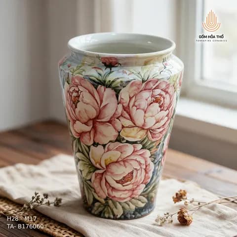 Bình hoa gốm vẽ hoa hồng cổ điển