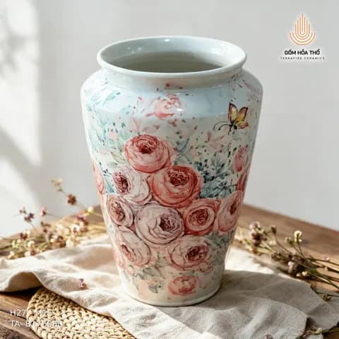 Bình hoa gốm vẽ hoa hồng cổ điển