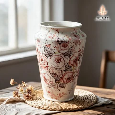 Bình hoa gốm vẽ hoa hồng cổ điển