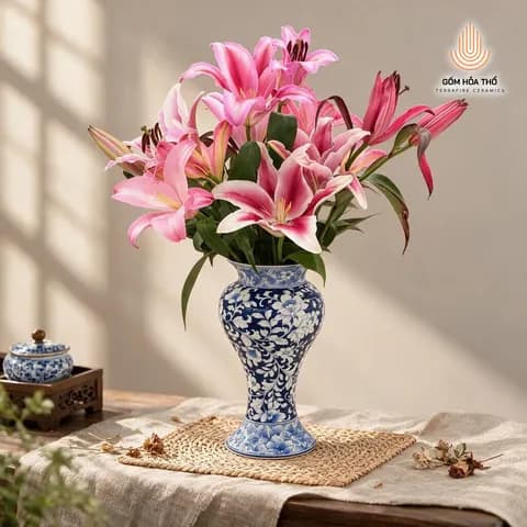 Bình hoa men lam vẽ hoa dây dáng eo