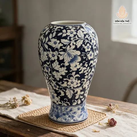Bình hoa men lam họa tiết hoa dây