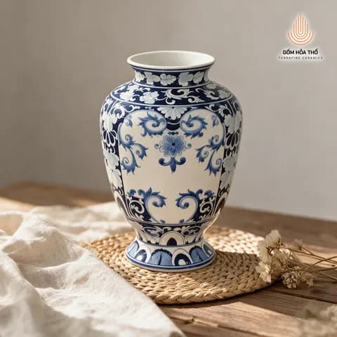 Bình hoa men lam họa tiết cổ điển