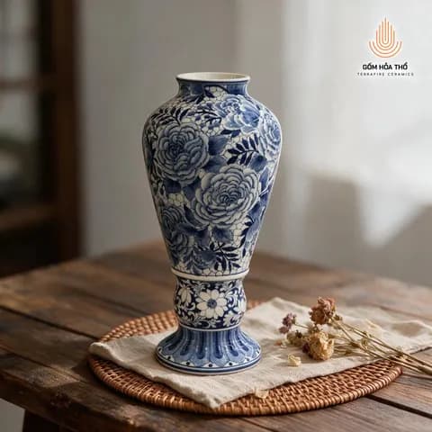 Bình hoa men lam vẽ hoa hồng dáng cúp