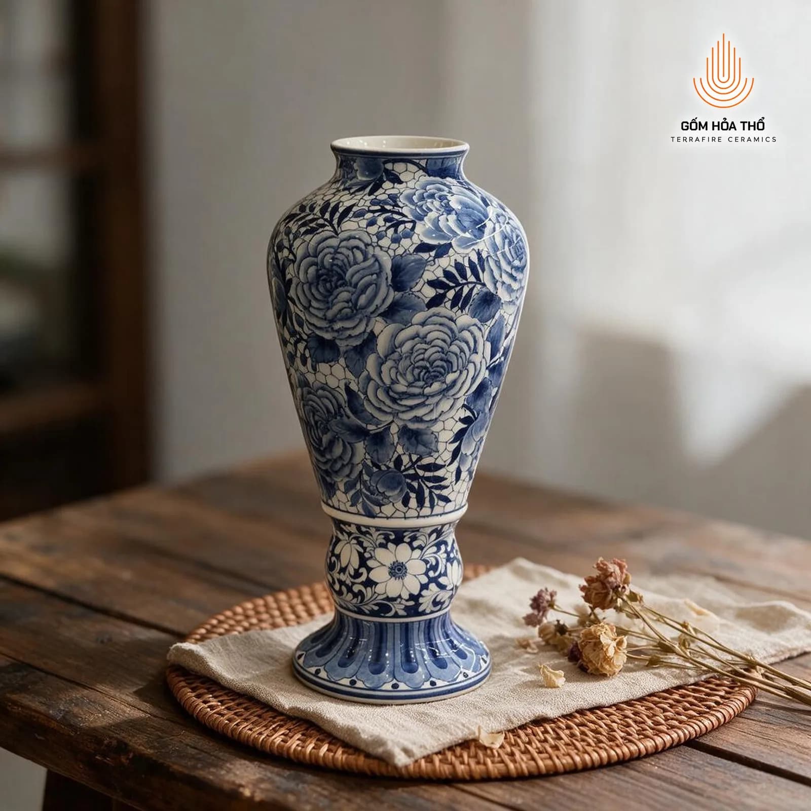 Bình hoa men lam vẽ hoa hồng dáng cúp