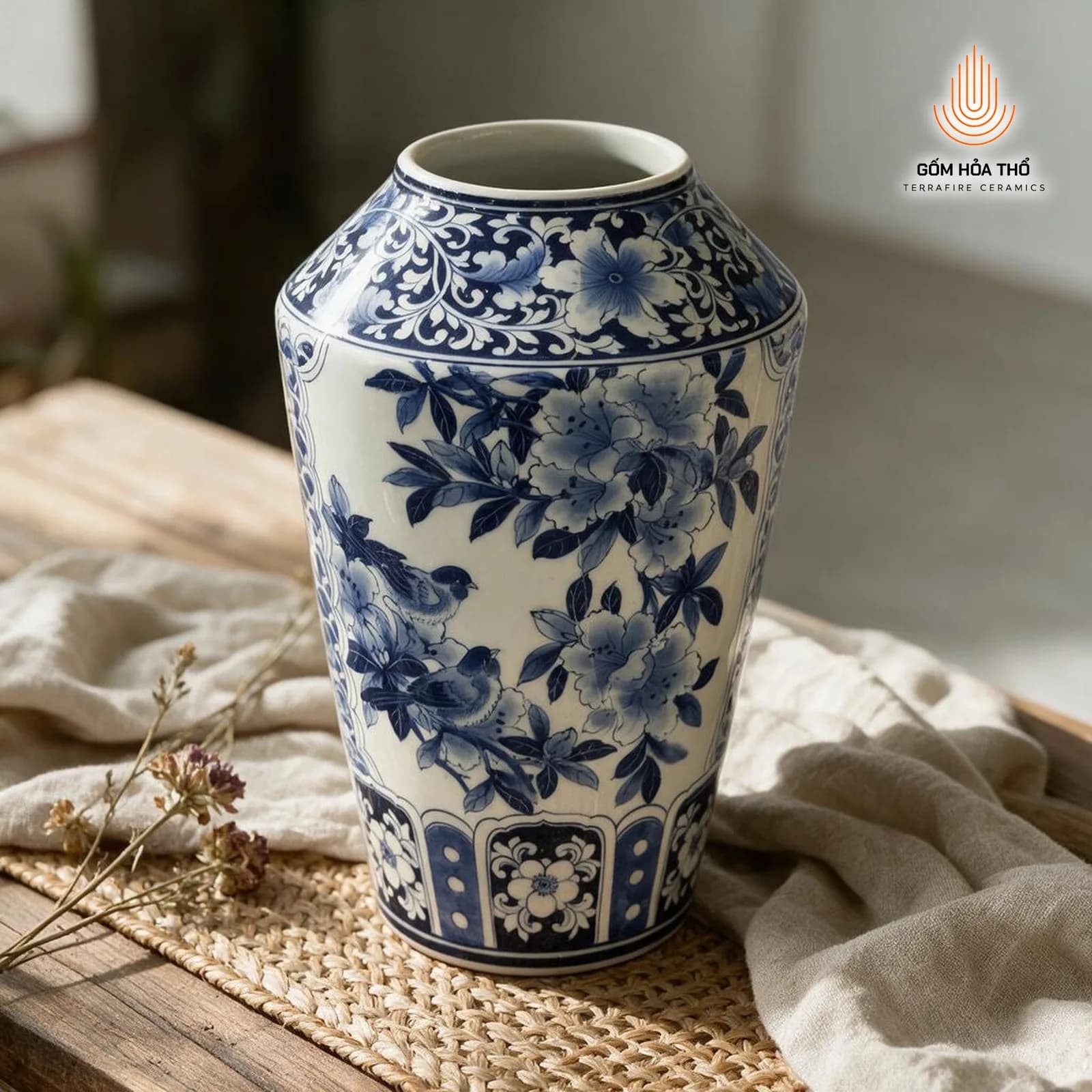 Bình hoa men lam họa tiết hoa điểu