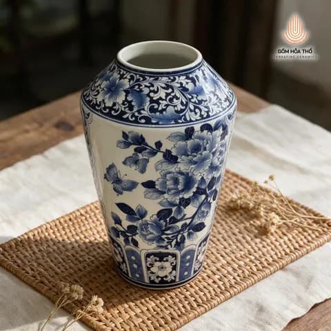 Bình hoa men lam vẽ hoa mẫu đơn
