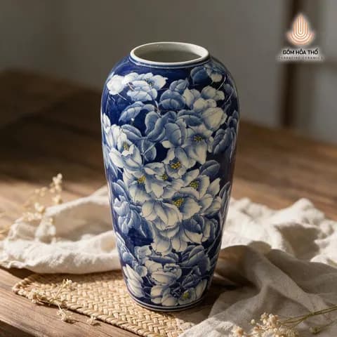 Bình hoa men lam họa tiết ngàn hoa