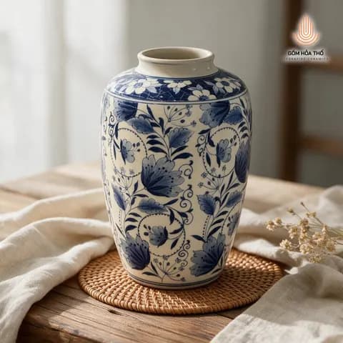 Bình hoa men lam họa tiết hoa dây