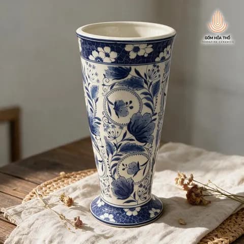 Bình hoa men rạn vẽ lam dáng loa