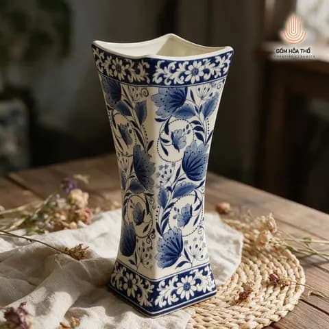 Bình hoa men lam dáng tứ giác thắt eo