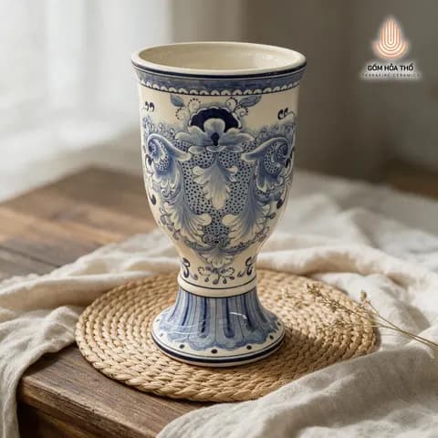 Bình hoa dáng cúp men lam cổ điển