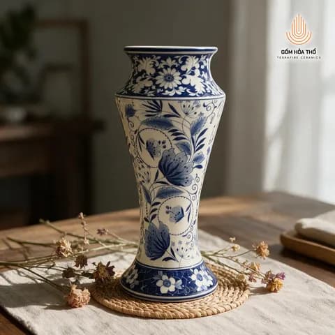 Bình hoa men lam dáng loe vẽ hoa dây
