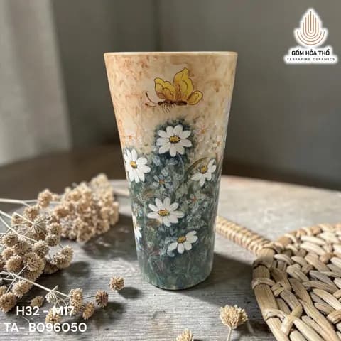 TEST Bình hoa gốm vẽ hoa cúc bướm vàng