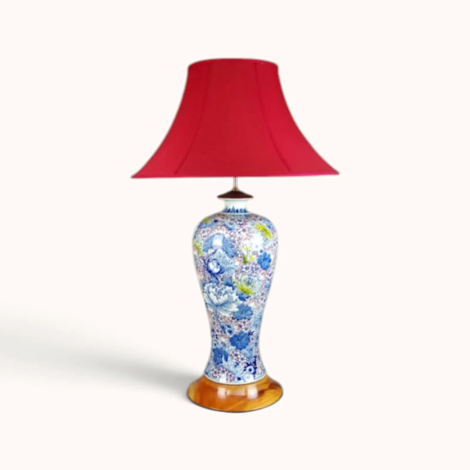 Đèn gốm họa tiết ngàn hoa để bàn chao đỏ