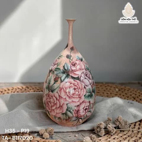 Bình gốm dáng giọt nước cổ cao vẽ hoa hồng