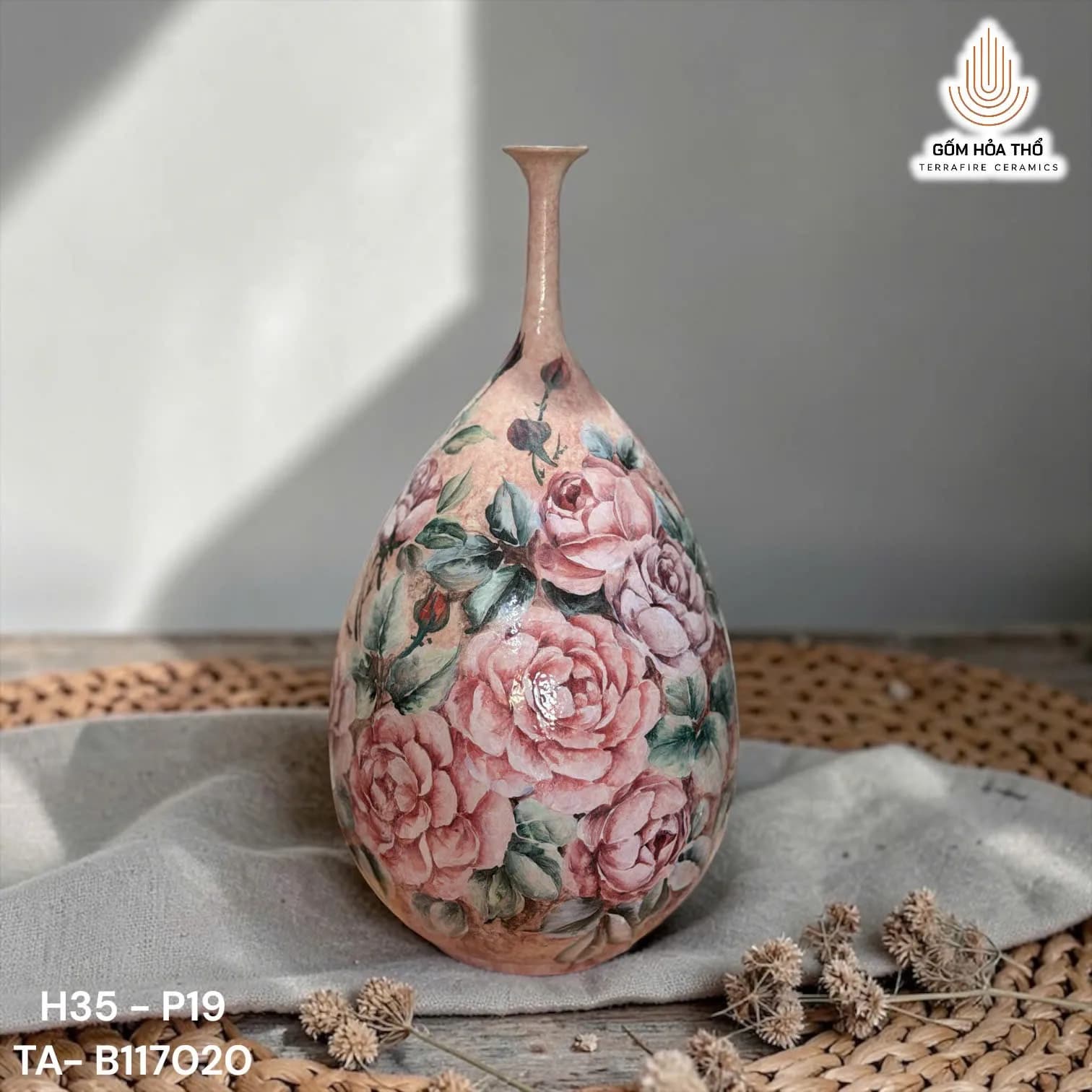 Bình gốm dáng giọt nước cổ cao vẽ hoa hồng