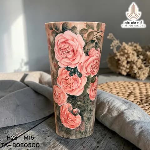 Bình gốm dáng ống vẽ hoa hồng cổ điển