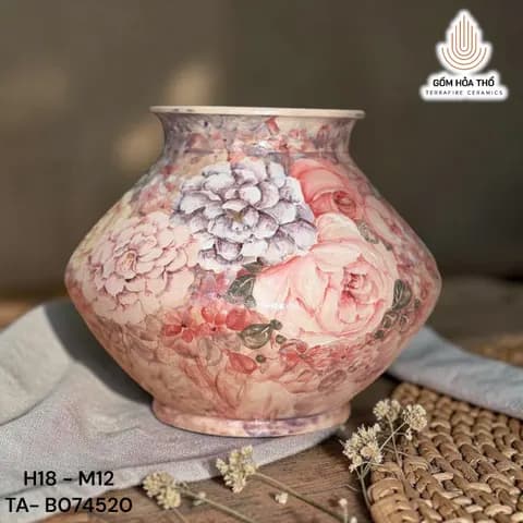 Bình gốm dáng phồng vẽ hoa mẫu đơn cổ điển