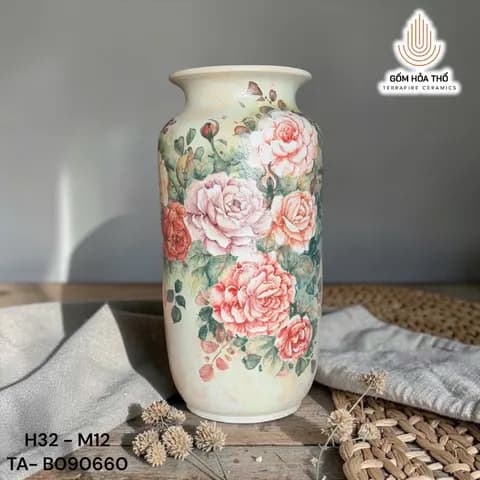 Bình gốm dáng trụ vẽ hoa hồng cổ điển