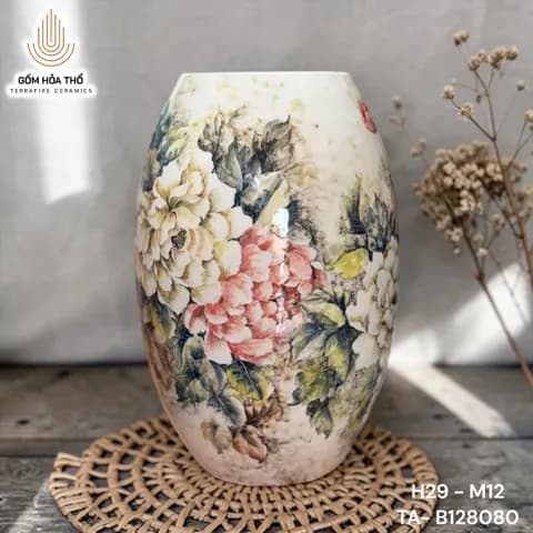 Bình gốm dáng trứng họa tiết hoa mẫu đơn