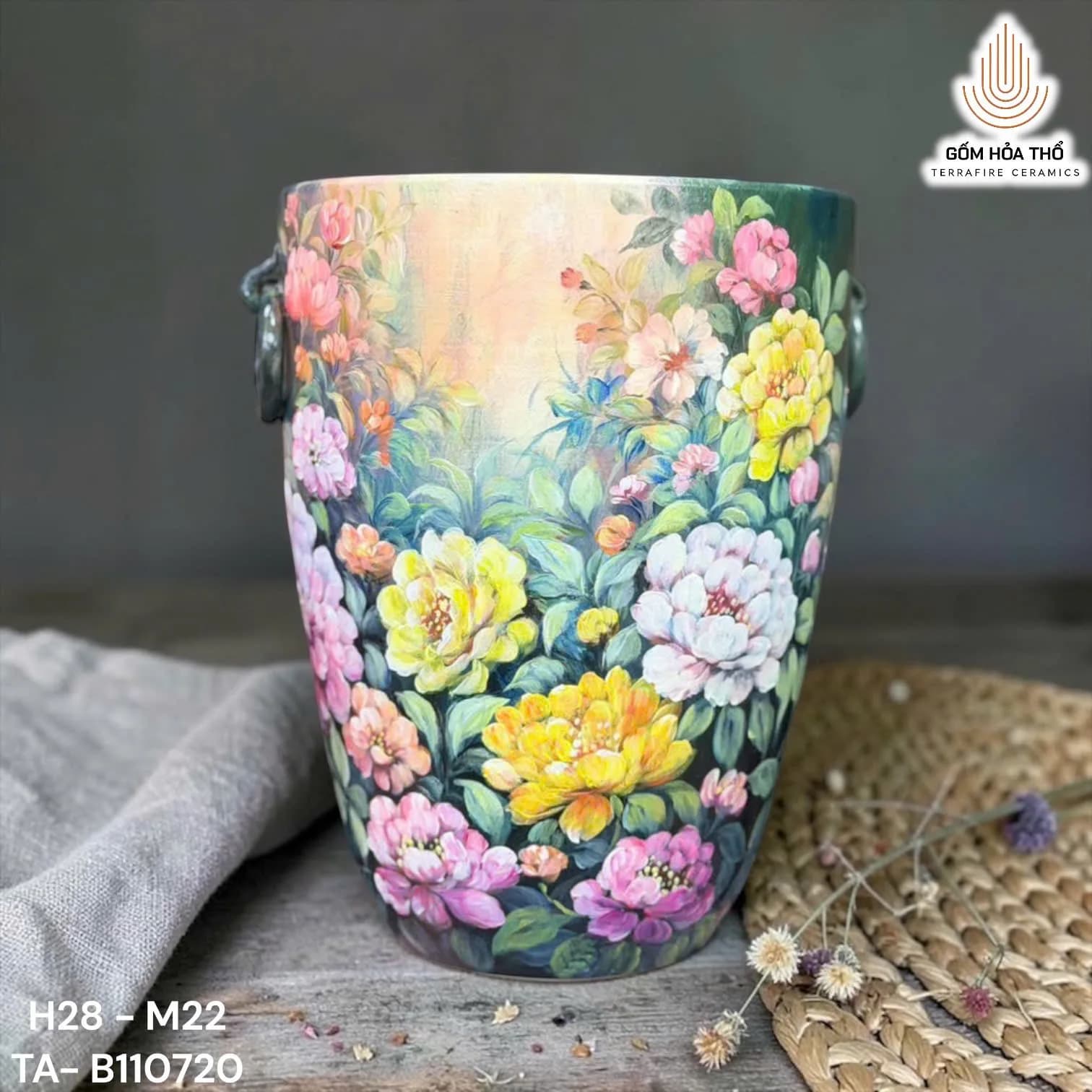 Bình gốm dáng xô họa tiết hoa mẫu đơn vẽ tay